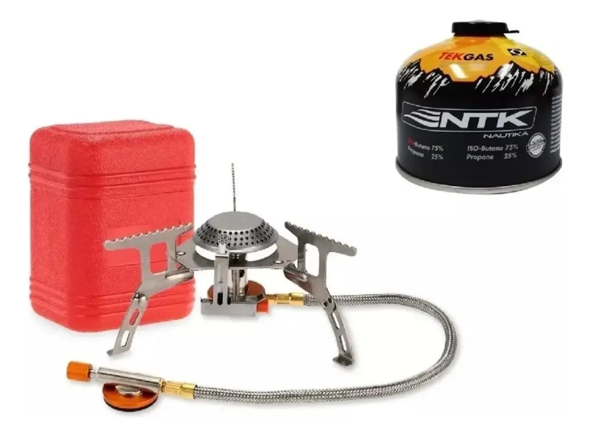 Camping gas canister and portable stove burner combo for trekking
