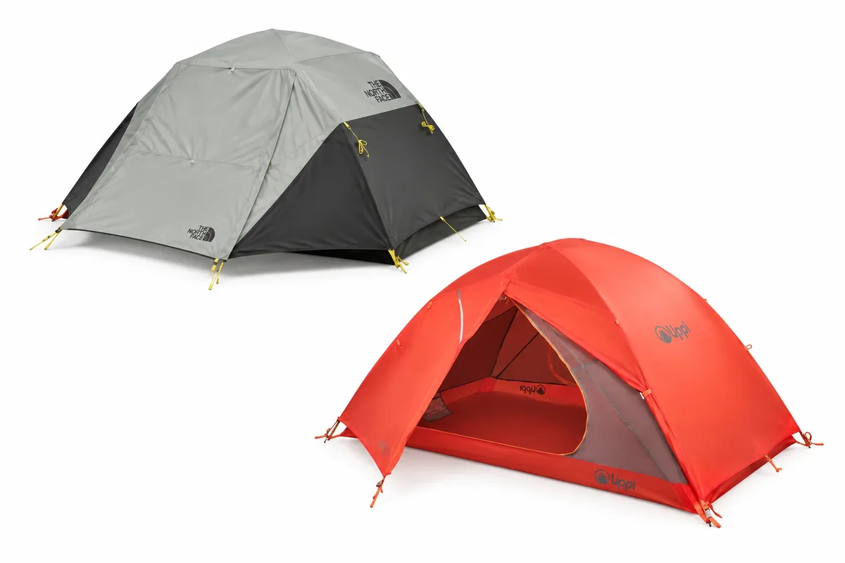 Two 2-person 3-season tents available to rent: The North Face Stormbreak 2 (grey) and Lippi Experience 2 (red)