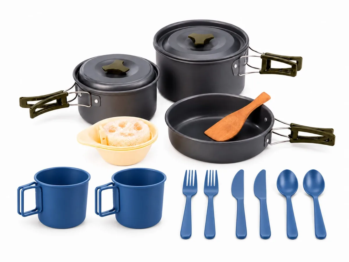 Camping cookware set with two pots, pan, bowl, wooden spatula, sponge, two cups, two forks, two knives and two spoons